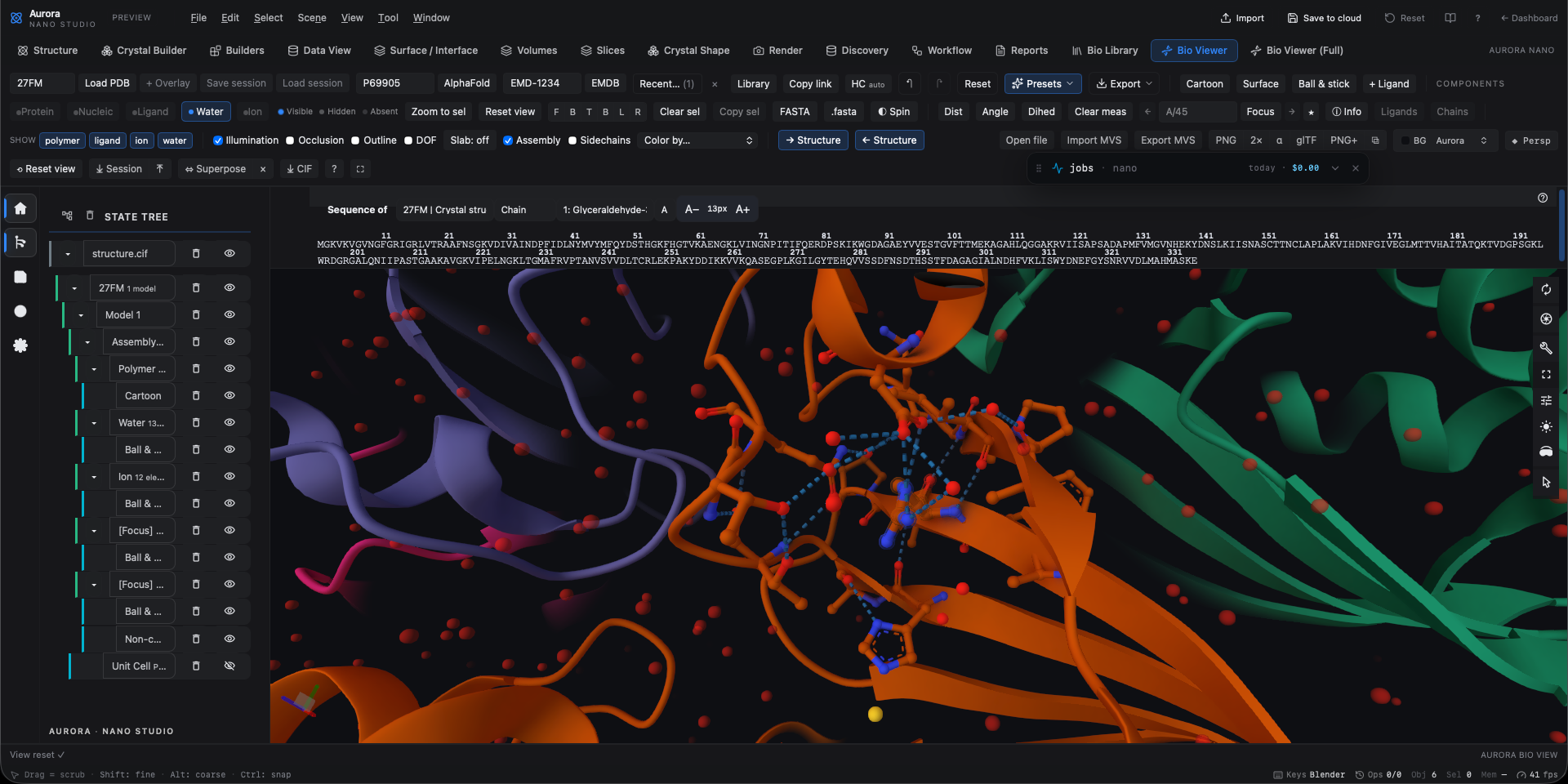 Aurora Nano Studio — Bio Viewer rendering PDB 27FM (glyceraldehyde-3-phosphate dehydrogenase, UniProt P69905) at atomic detail. Cartoon ribbons for the tetramer, ball-and-stick residues at the NAD+ binding pocket with dashed hydrogen-bond measurements, ordered water and ion shells, live State Tree scene graph, and a residue-level sequence strip synced with the 3D selection. Screen-space illumination, ambient occlusion, outline and depth-of-field computed on the GPU.