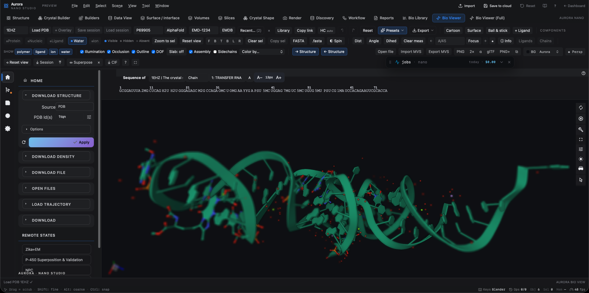 Aurora Nano Studio — Bio Viewer showing PDB 1EHZ (yeast phenylalanine transfer RNA, 76 nucleotides) rendered as a nucleic-acid cartoon with base-pair detail. The Home panel exposes unified loaders for PDB, AlphaFold, EMDB density maps, local files and MD trajectories, plus curated Remote States (Zika + EM, P-450 Superposition & Validation, NPC) that open as deep-linkable sessions.