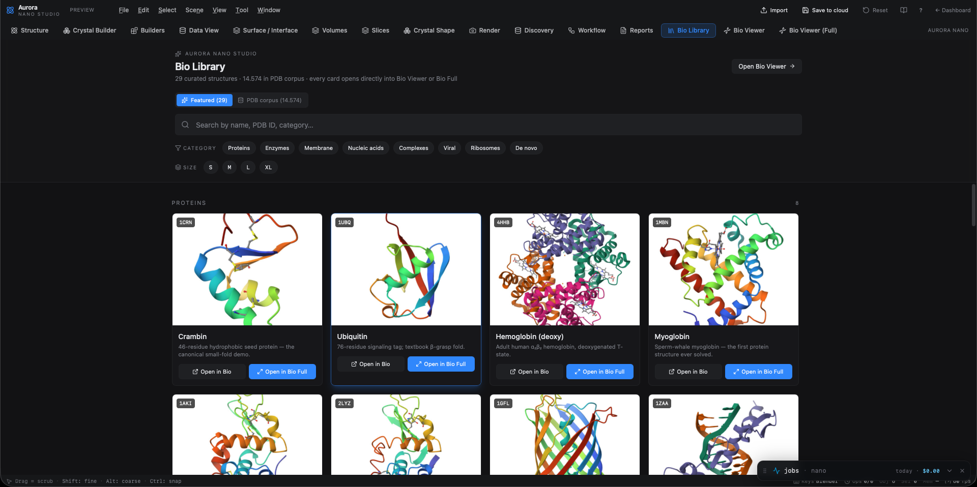 Aurora Nano Studio — Bio Library with 29 curated reference structures indexed over a 14,574-entry PDB corpus. Faceted filters for category (Proteins, Enzymes, Membrane, Nucleic acids, Complexes, Viral, Ribosomes, De novo) and size, full-text search by name or PDB ID, and one-click open in Bio Viewer or Bio Full for every card.
